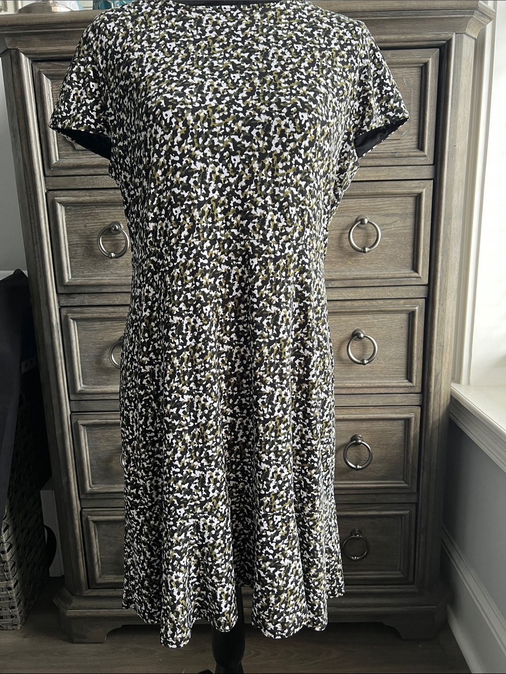 Michael Kors Black, White & Olive Abstract Print Midi Dress